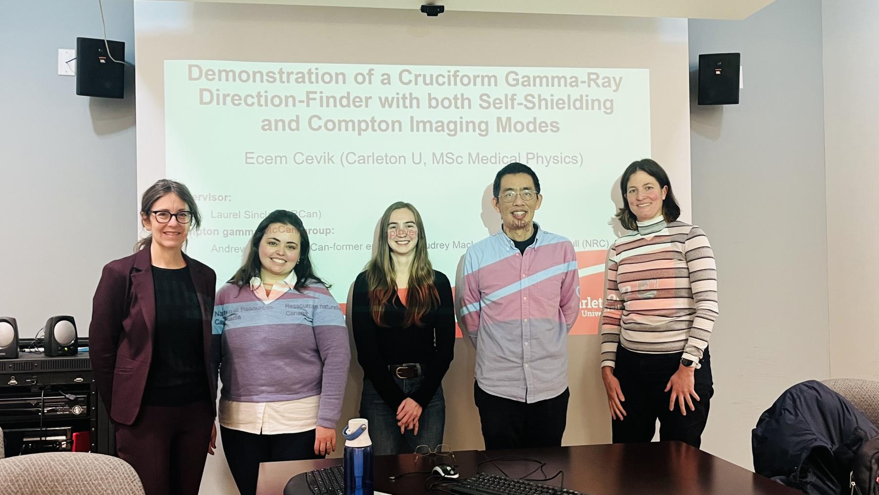In the picture from left to right: Dr. Laurel Sinclair, E. Cevik and members of the examining committee Dr. Mareike Adams (Carleton, Earth Science), Dr. Tong Xu (Carleton, Physics) and Dr. Emily Heath (Carleton, Physics).