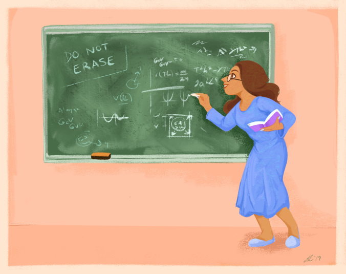 Cartoon of a woman writing on a blackboard